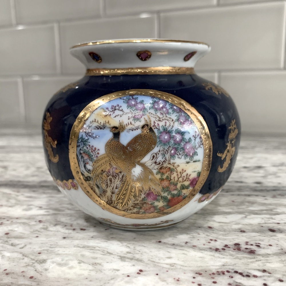 Limoges Porcelain Jardiniere - Asian Inspired Blue with Gold Small Vase